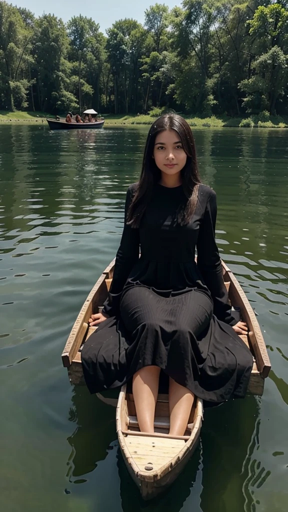 Girl in black long dress, girl in a boat in the middle of the lake, there's a storm on the lake