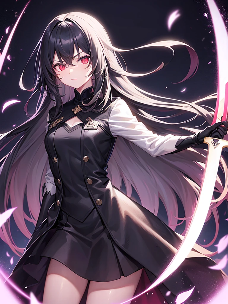 boy, long hair, blackquality hair,sword in hand,darkness background,dark alley,neon lig,Eyes red