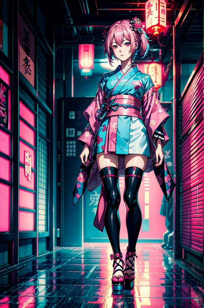 Japanese cyberpunk high fashion of Oiran kimono cool girl, kimono punk, cyberpunk, pink and blue neon color, full body standing, (Dynamic light and shadow, High resolution, Sharp focus, Depth of written boundary), against bright pink background