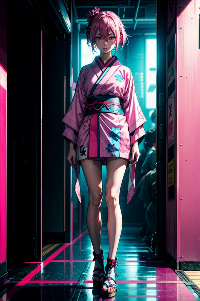 Japanese cyberpunk high fashion of Oiran kimono cool girl, kimono punk, cyberpunk, pink and blue neon color, full body standing, (Dynamic light and shadow, High resolution, Sharp focus, Depth of written boundary), against bright pink background