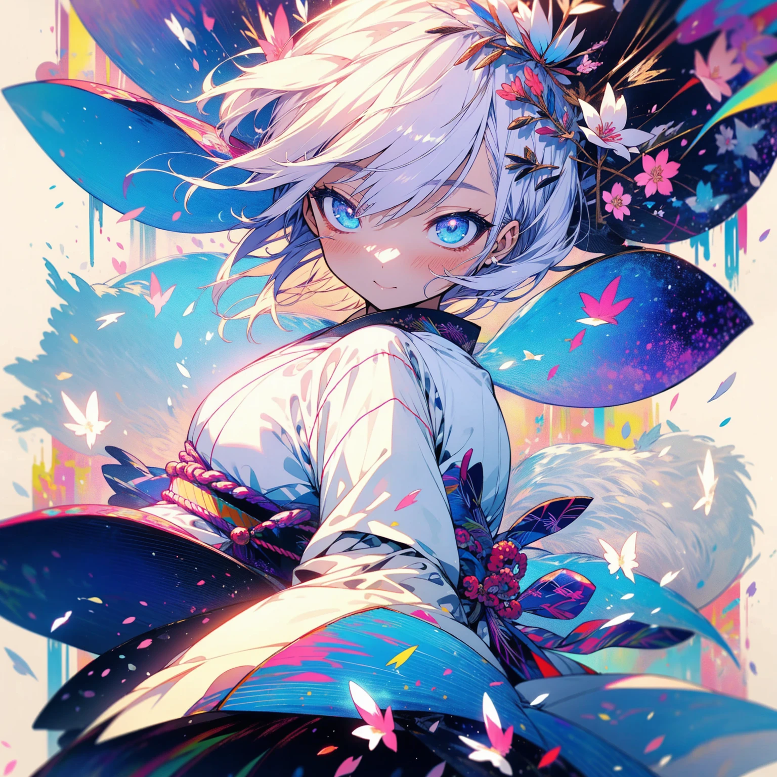 Japanese clothing、woman、Fantasy、音符がdanceう、flower、dance、dance踊、music、Angel、White Hair、Colorful kimonos、