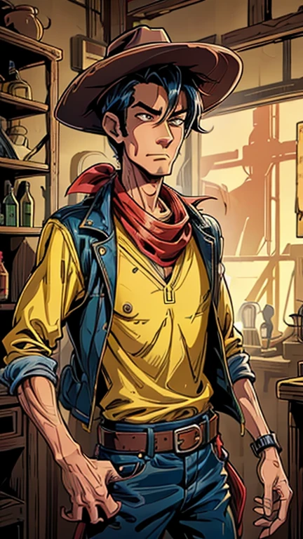 (1man, Lucky luke, yellow top, black jacket, jean, cowboy hat, red bandana), (extremely detailed CG unit 8k wallpaper),(master part), (best quality), (ultra detail), (best illustration),(melhor ombre), cowboy shot, (Sharp eyeliner, ombre, detail eyes), Biopunk style wild west saloon interiors background, ,break , (BiopunkAI), upper body, short hair, black hair