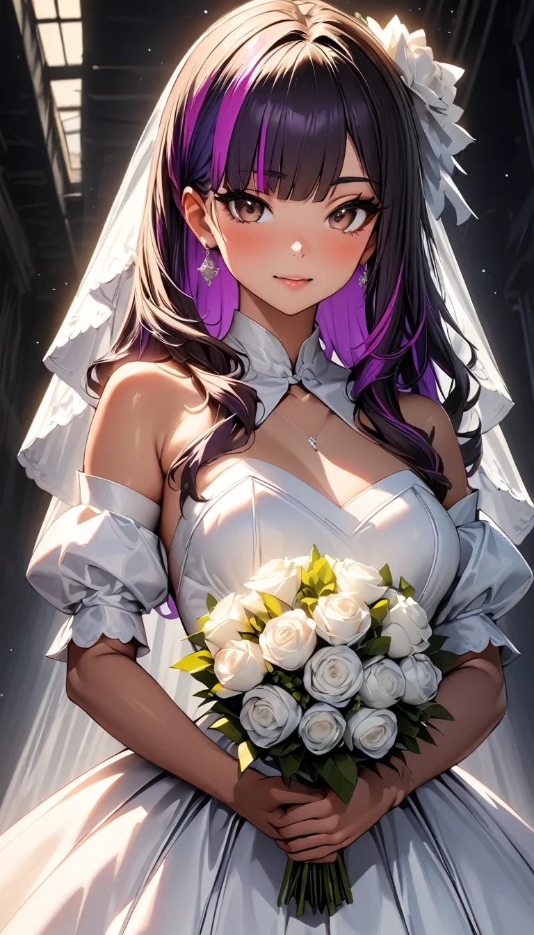(highest quality:1.2, Very detailed, up to date, Vibrant, Ultra-high resolution, High Contrast, masterpiece:1.2, highest quality, Best aesthetics), Portraiture、girl、((25-years-old:1.3)), princess line wedding dress, (wedding veil:1.2), (holding white bouquet), white bouquet, Bright colors、Beautiful fine details、Beautiful lip detail, long hair、black and purple ((streaked hair:1.6)), highlights hair: 1.5, brown eyes, gold earrings, ((slim body:1.4)), (small breast:0.7), (dark skin:0.3)), inside the charch, spot light, (cowboy shot:1.5),