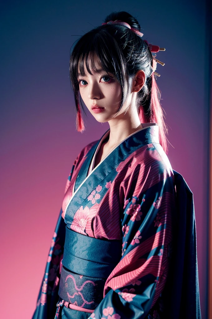 Japanese cyberpunk high fashion of Oiran kimono cool girl, kimono punk, cyberpunk, pink and blue neon color, upper standing, (Dynamic light and shadow, High resolution, Sharp focus, Depth of written boundary), against bright pink background