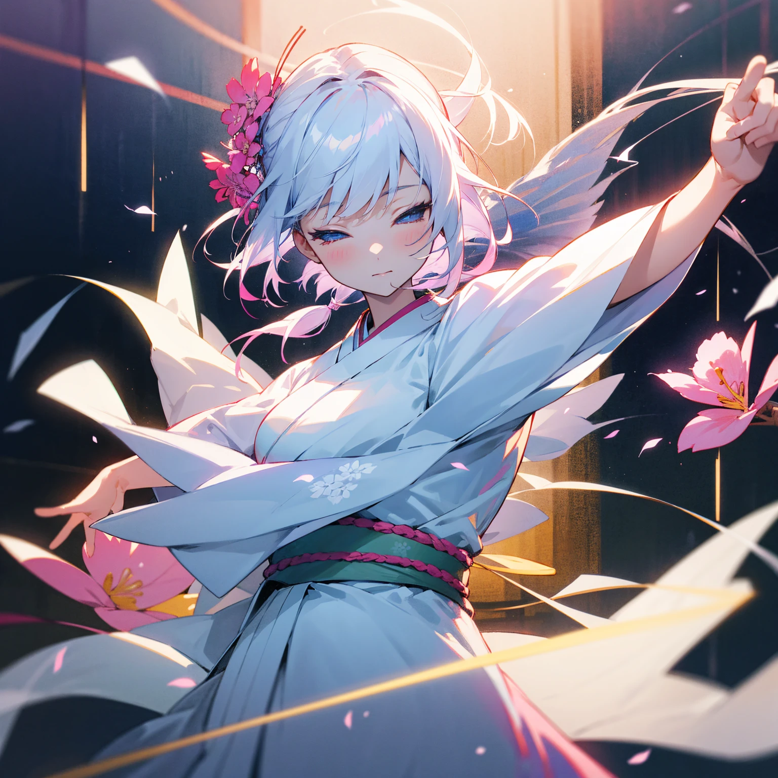 Japanese clothing、woman、Fantasy、音符がdanceう、flower、dance、dance踊、music、Angel、White Hair、Colorful kimonos、