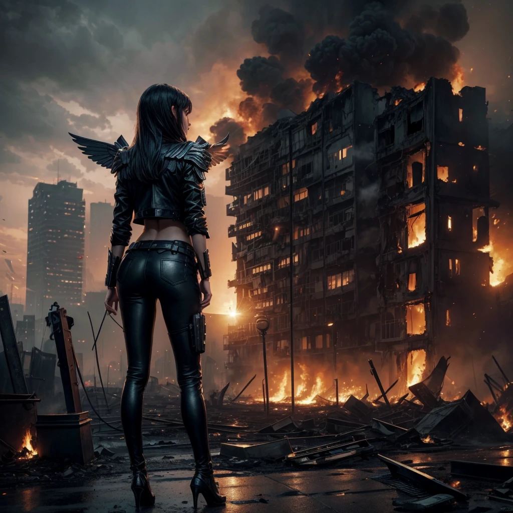 NSFW, sexy, A young girl stands in a devastated city, looking calm and melancholic. She is wearing a dirty navy blazer . Her back has wings made of thin metal plates, which shimmer like fairy wings in the light. Her left hand has been modified into a futuristic machine gun, seamlessly integrated into her shoulder. The scene captures her from an inclined angle, emphasizing the dramatic and intense atmosphere of the setting. The background shows burning buildings and widespread destruction, enhancing the overall somber mood. The illustration is done in a realistic anime style, with rich details and vibrant colors