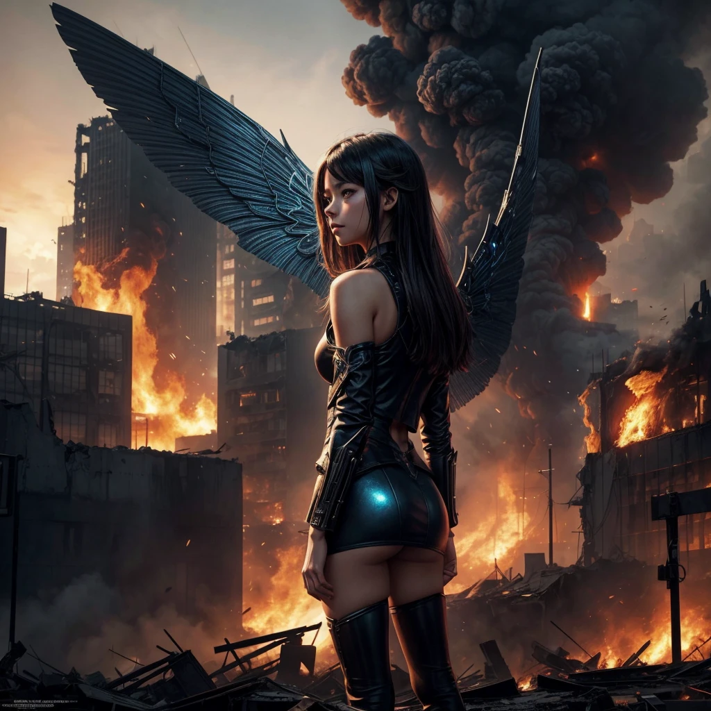 NSFW, sexy, A young girl stands in a devastated city, looking calm and melancholic. She is wearing a dirty navy blazer . Her back has wings made of thin metal plates, which shimmer like fairy wings in the light. Her left hand has been modified into a futuristic machine gun, seamlessly integrated into her shoulder. The scene captures her from an inclined angle, emphasizing the dramatic and intense atmosphere of the setting. The background shows burning buildings and widespread destruction, enhancing the overall somber mood. The illustration is done in a realistic anime style, with rich details and vibrant colors