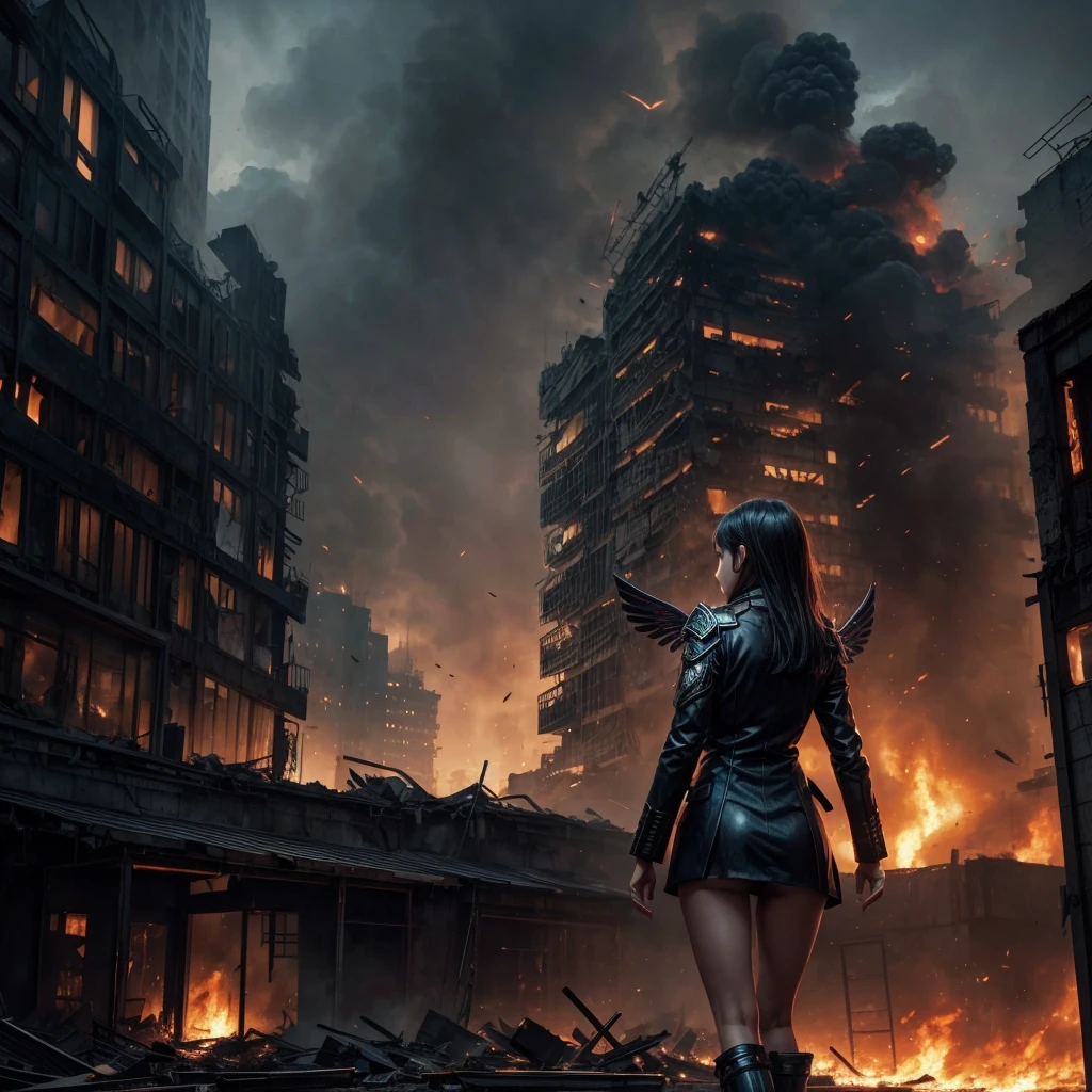 NSFW, sexy, A young girl stands in a devastated city, looking calm and melancholic. She is wearing a dirty navy blazer . Her back has wings made of thin metal plates, which shimmer like fairy wings in the light. Her left hand has been modified into a futuristic machine gun, seamlessly integrated into her shoulder. The scene captures her from an inclined angle, emphasizing the dramatic and intense atmosphere of the setting. The background shows burning buildings and widespread destruction, enhancing the overall somber mood. The illustration is done in a realistic anime style, with rich details and vibrant colors