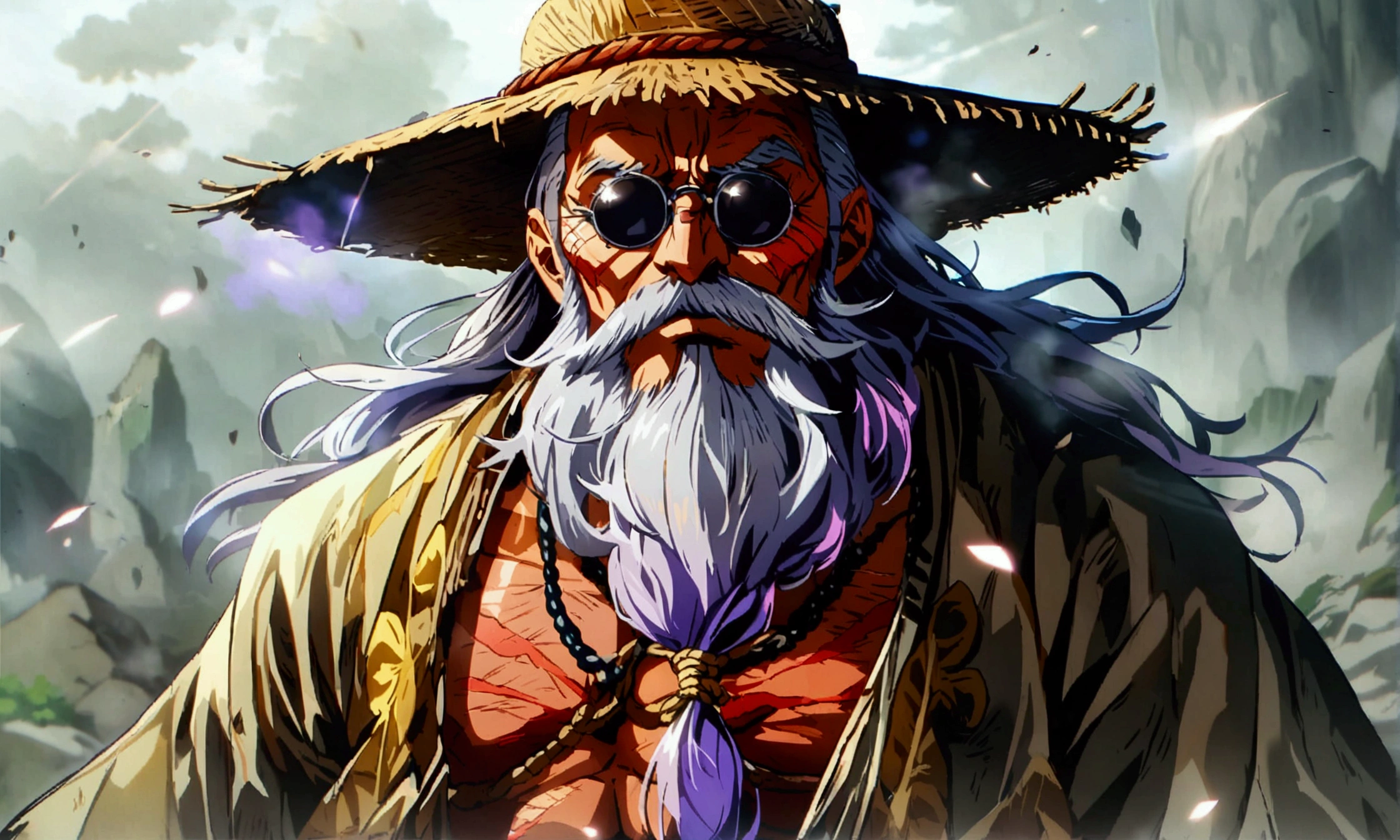 Old man, grayish purple hair, gray beard, black eyes, cut scars all over his body, gray shirt open, brown pants tied with rope, arrogant expression, lazy pose, gray field background, "Anime character design inspired by One Piece, full of dramatic and impressive lighting, focus on the centralized character, impressive face, full of creative details, ultra-fine 4K design, scenery bathed in creativity, boasting 2D anime resolution clarity, HD anime graphics, high-octane rendering"