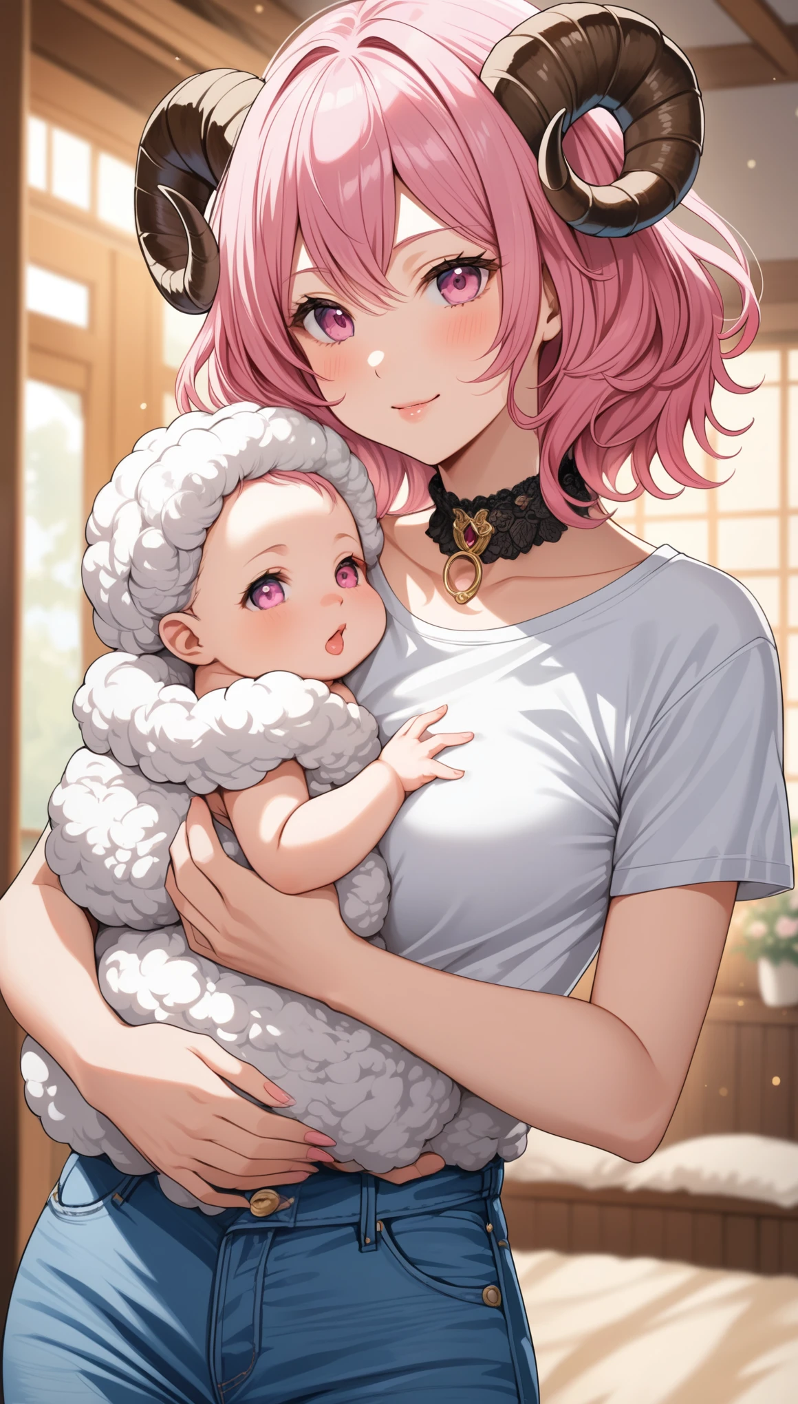 ultra detailed, sharp focus, best quality, masterpiece, colorful, AriesFairyTail, wool hair, medium hair, sheep horns, pink eyes, fur dress, fur choker, (jeans:1.2), t-shirt, (holding a baby:1.2) best quality, masterpiece, intricate details
