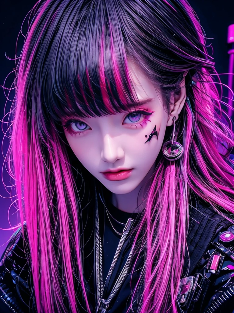 High quality High resolution Rough Cyberpunk 1 person Beautiful girl Cool face Glaring expression Colorful hair color