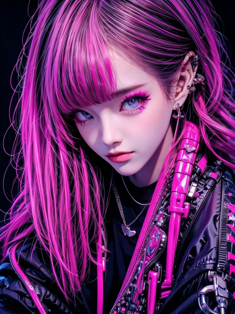 High quality High resolution Rough Cyberpunk 1 person Beautiful girl Cool face Glaring expression Colorful hair color