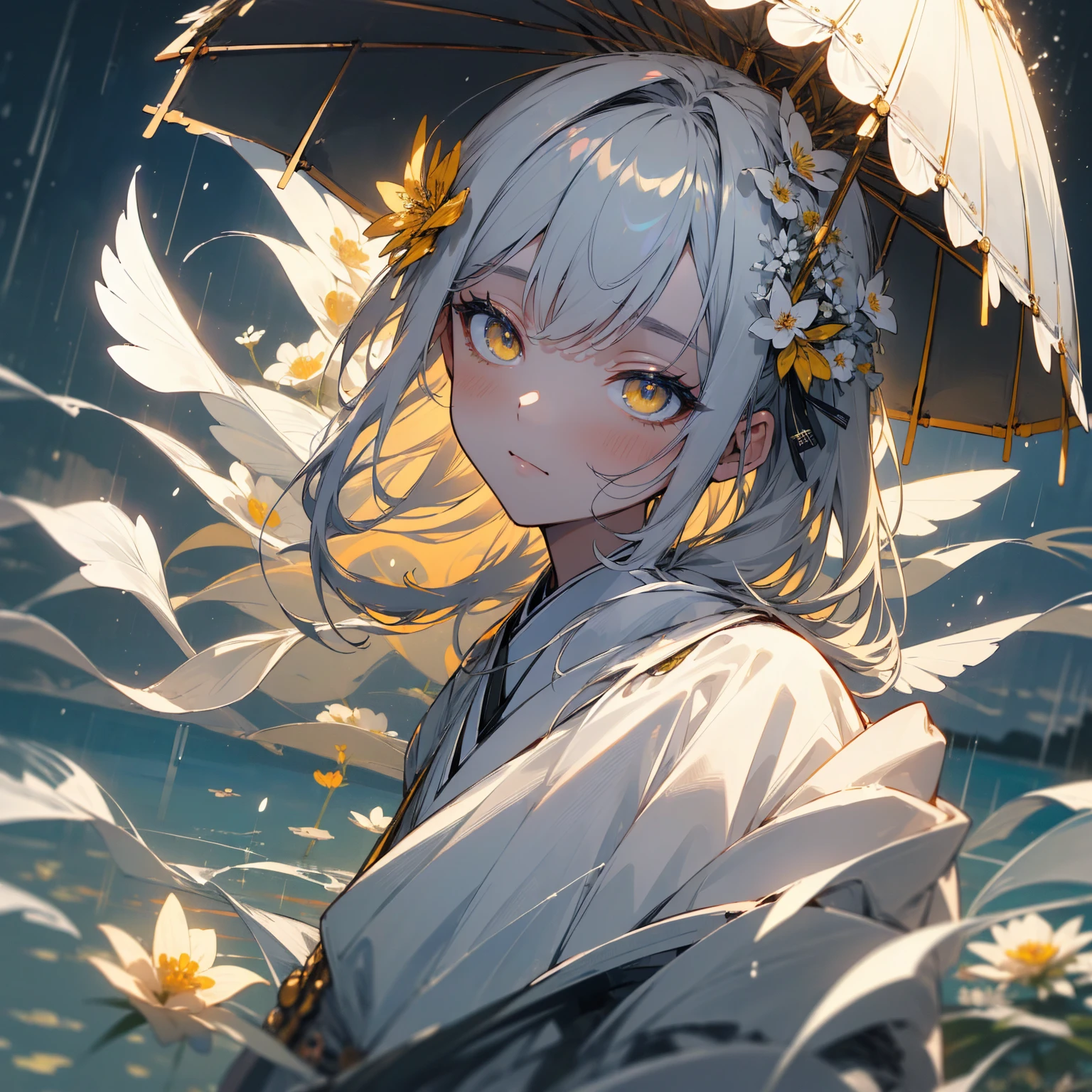 (((masterpiece))), (((Highest quality))), Highly detailed 8k wallpaper, night, rain, Beautifully detailed skies, Beautiful and delicate water, alone, Angelic, 長いGray Hair, Gray Hair, White eyelashes, Beautiful Eyes, Yellow Eyes、Halo, Flower Hair Ornaments, White wing stripe、Japanese clothing、White kimono