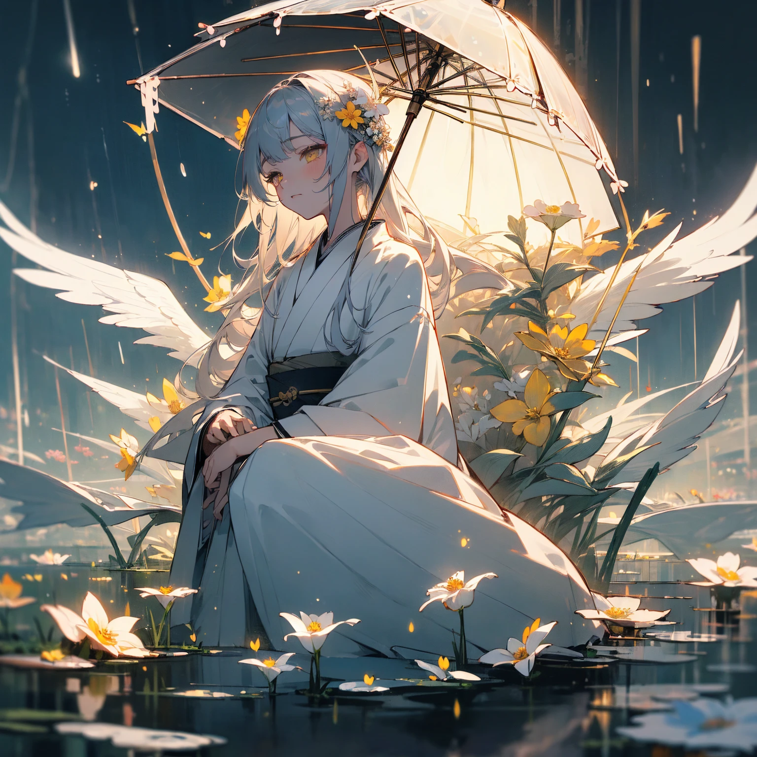 (((masterpiece))), (((Highest quality))), Highly detailed 8k wallpaper, night, rain, Beautifully detailed skies, Beautiful and delicate water, alone, Angelic, 長いGray Hair, Gray Hair, White eyelashes, Beautiful Eyes, Yellow Eyes、Halo, Flower Hair Ornaments, White wing stripe、Japanese clothing、White kimono