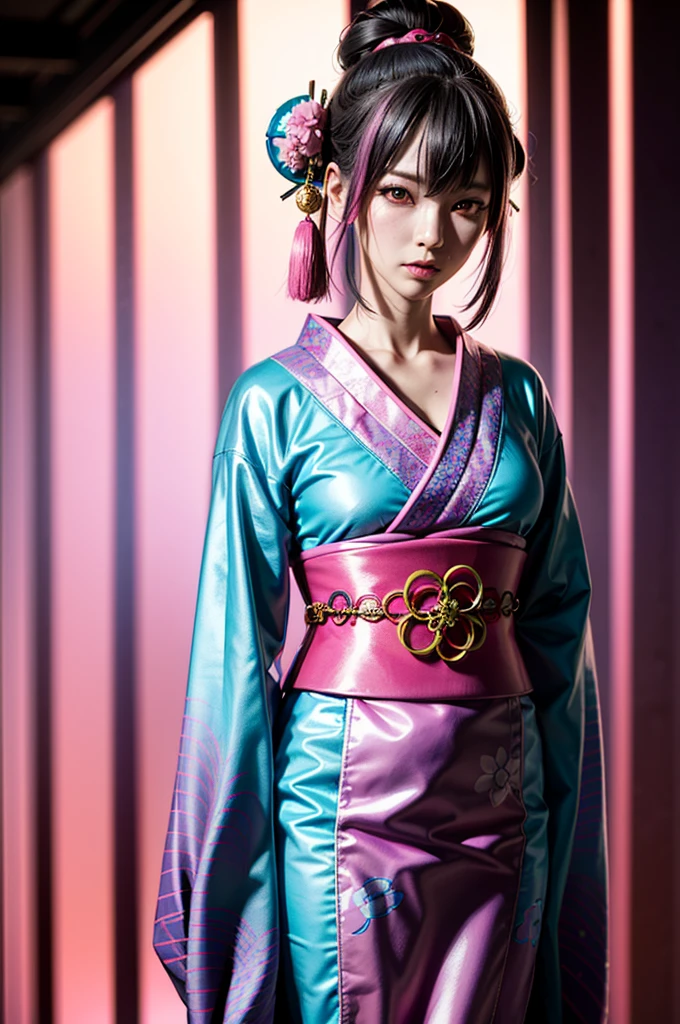 Japanese cyberpunk high fashion of Oiran kimono cool girl, kimono punk, cyberpunk, pink and blue neon color, upper standing, (Dynamic light and shadow, High resolution, Sharp focus, Depth of written boundary), against bright pink background