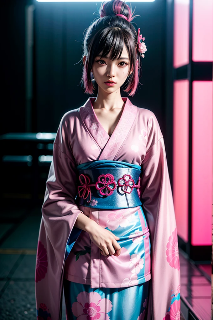 Japanese cyberpunk high fashion of Oiran kimono cool girl, kimono punk, cyberpunk, pink and blue neon color, upper standing, (Dynamic light and shadow, High resolution, Sharp focus, Depth of written boundary), against bright pink background