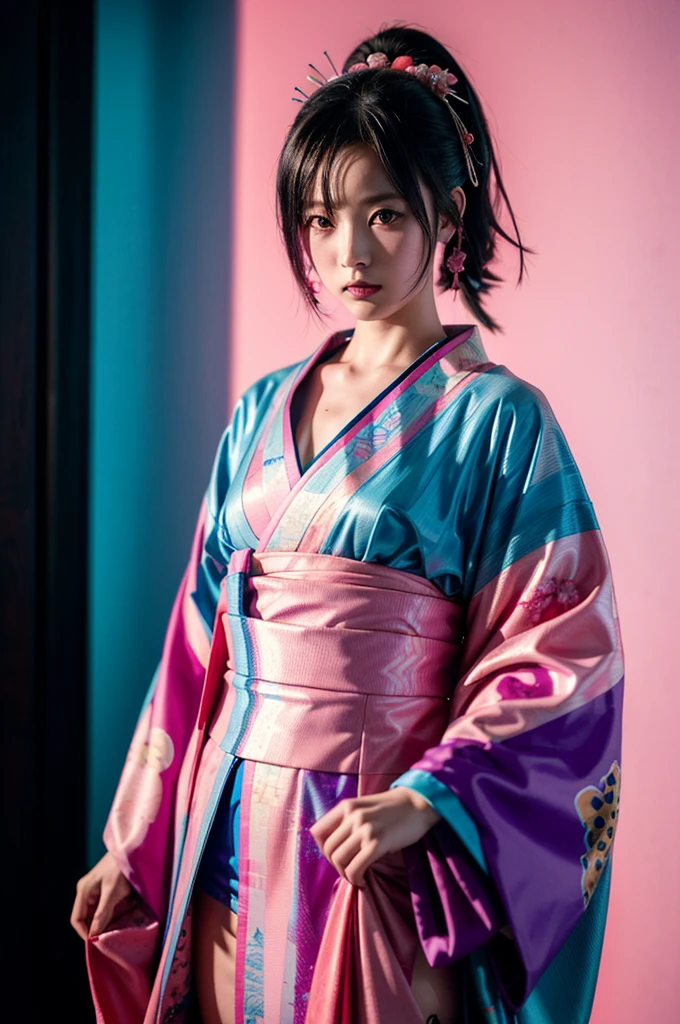 Japanese cyberpunk high fashion of Oiran kimono cool girl, kimono punk, cyberpunk, pink and blue neon color, upper standing, (Dynamic light and shadow, High resolution, Sharp focus, Depth of written boundary), against bright pink background, nsfw