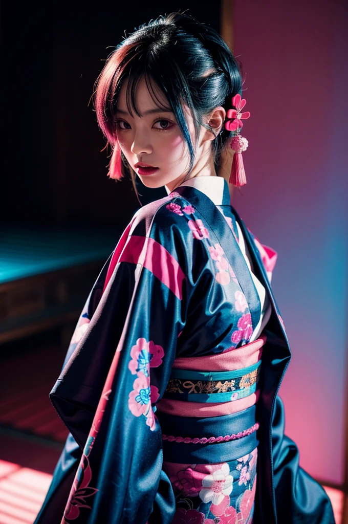 Japanese cyberpunk high fashion of Oiran kimono cool girl, kimono punk, cyberpunk, pink and blue neon color, upper standing, (Dynamic light and shadow, High resolution, Sharp focus, Depth of written boundary), against bright pink background, nsfw