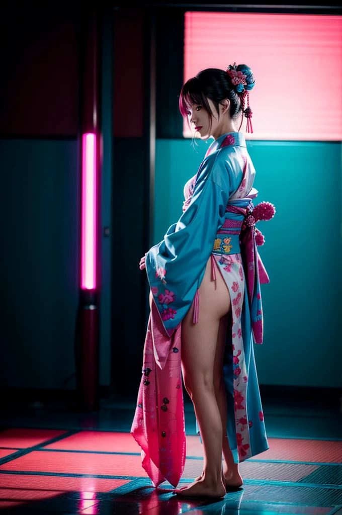 Japanese cyberpunk high fashion of Oiran kimono cool girl, kimono punk, cyberpunk, pink and blue neon color, full body standing, (Dynamic light and shadow, High resolution, Sharp focus, Depth of written boundary), against bright pink background