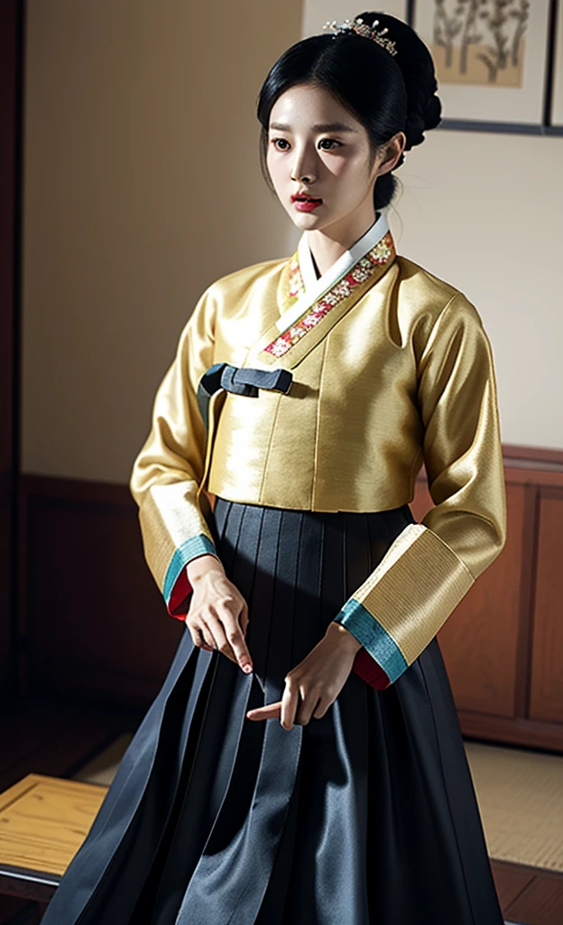 Gyeongbokgung, (masterpiece), (detailed), (intricate details), (realistic, photo-realistic:1.37),illustration, very delicate and beautiful, extremely detailed, CG,unity, 8K wallpapers, amazing, in detail, extremely detailed CG unity 8k, ultra-detailed, extremely detailed, extremely detailed eyes and face, upper body, looking at viewer, 1 woman, (38 year old Korean woman), Inspired by Son Ye-jin, pale skin, black hair, ponytail, Well-groomed hair , authentic hanbok, Choosing clothes delicately and accurately , slim body