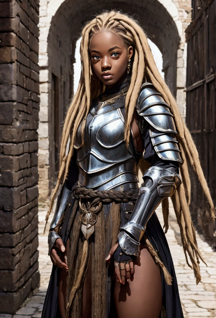 18 year old black woman、Beauty、Blonde、Blonde、Warrior in armor、Completely naked、Dreadlocks、background Medieval port town、High quality p