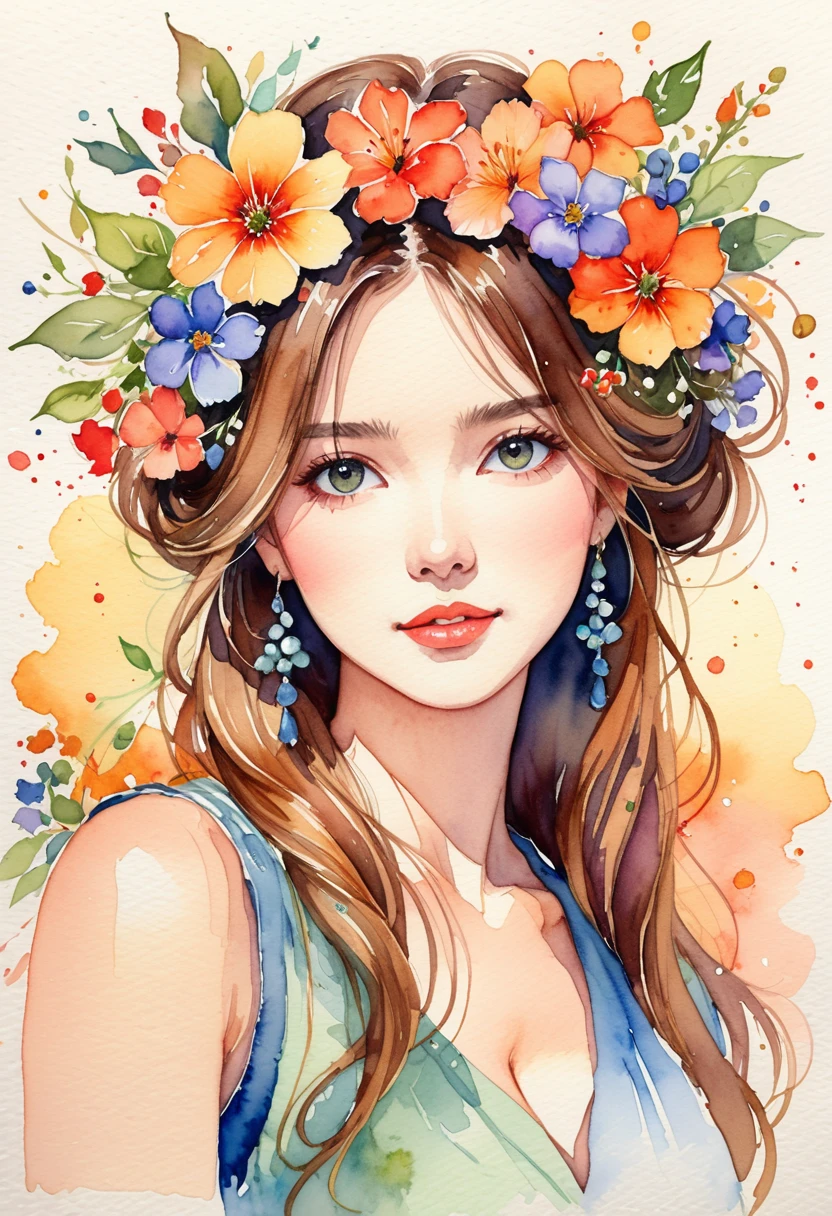 A very detailed watercolor painting，Depicting a beautiful woman with flowers in her hair