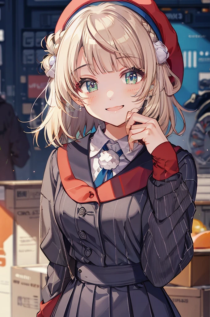 (cowboy shot:1.5),shigure ui \(vtuber\),  pom_pom_hair_rings, smile, striped_school_uniform, red_beret, beret, collared_shirt,masterpiece,Noise Reduction,perfect anatomy,high resolution, ultra-detailed, ultra-detailed face,game cg,dutch angle ,beautiful detailed eyes,visualart,five fingers, perfect hands, perfect lighting, sparkling pupils,