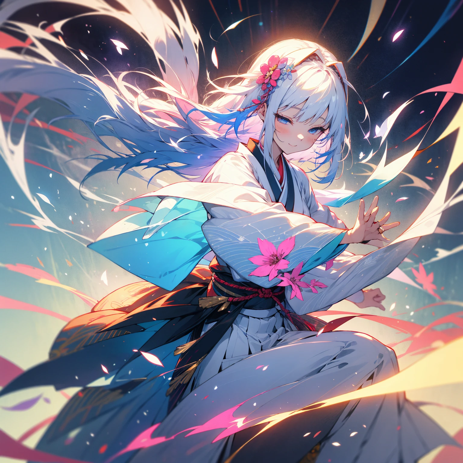 Japanese clothing、woman、Fantasy、音符がdanceう、flower、dance、dance踊、music、Angel、White Hair、Colorful kimonos、