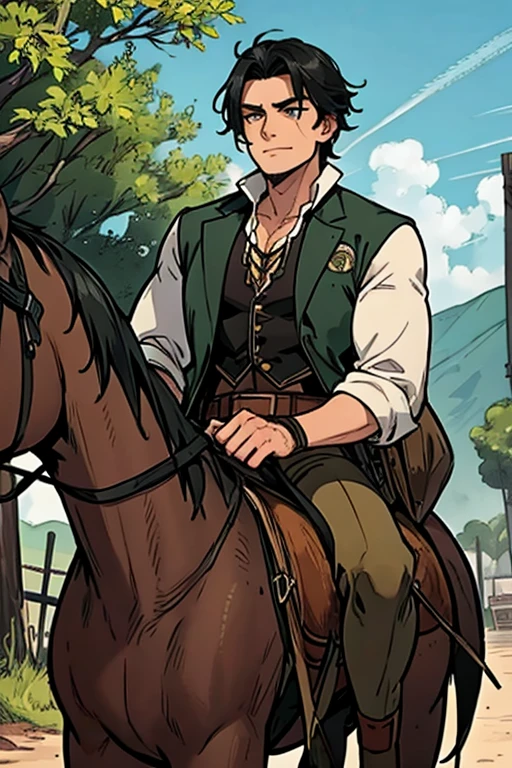 A muscular black haired man with green eyes in a sheriff's outfit is riding a horse back into a wild west town
