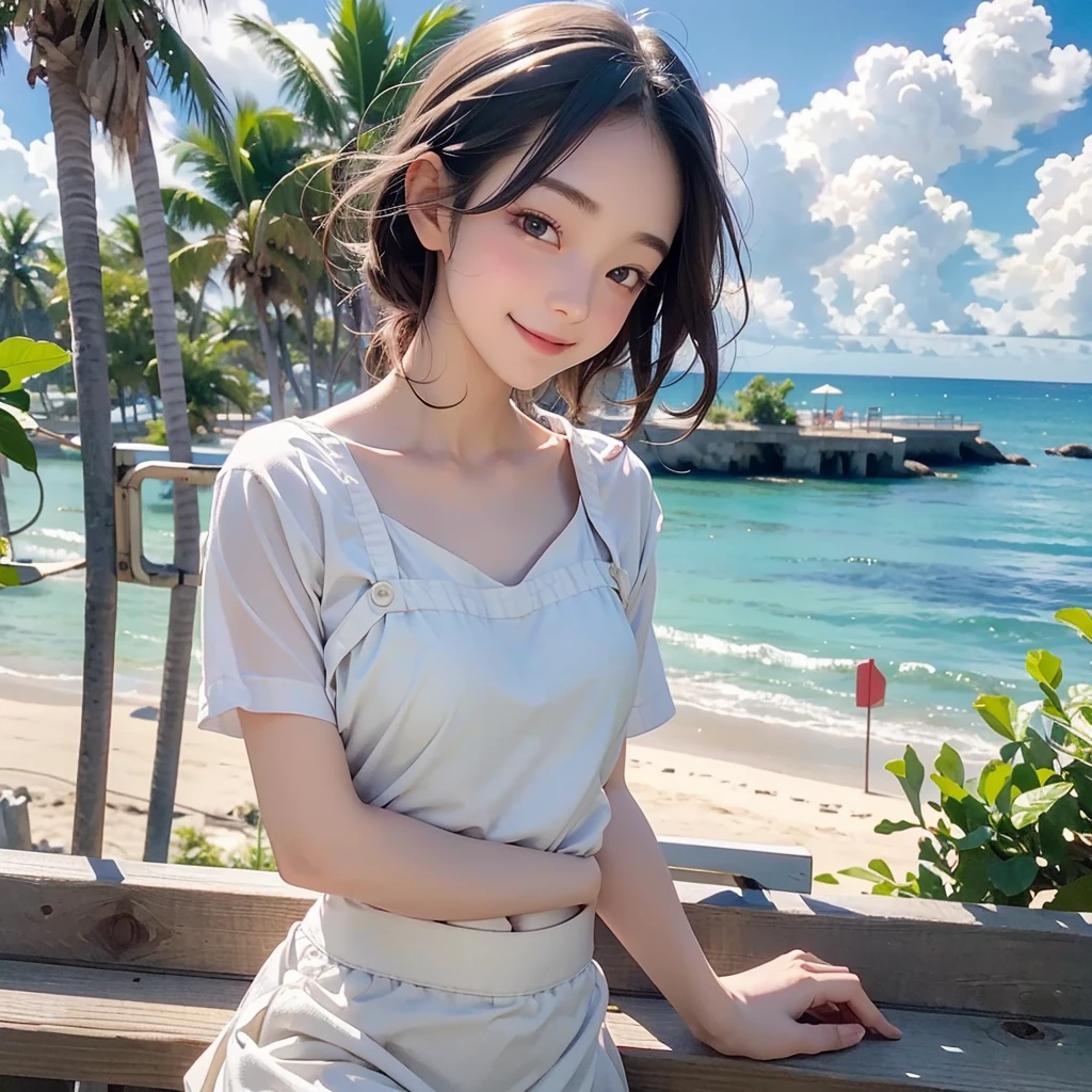anime,girl focus,girl,Shining Eyes,From the back,Middle chest,smile,Upper Body,Ichijo Hotaru,blush,View your viewers,Beach,cloud,Palm tree,Seaside Road,White cotton camisole,mini skirt,Very detailed,masterpiece,Highest quality 