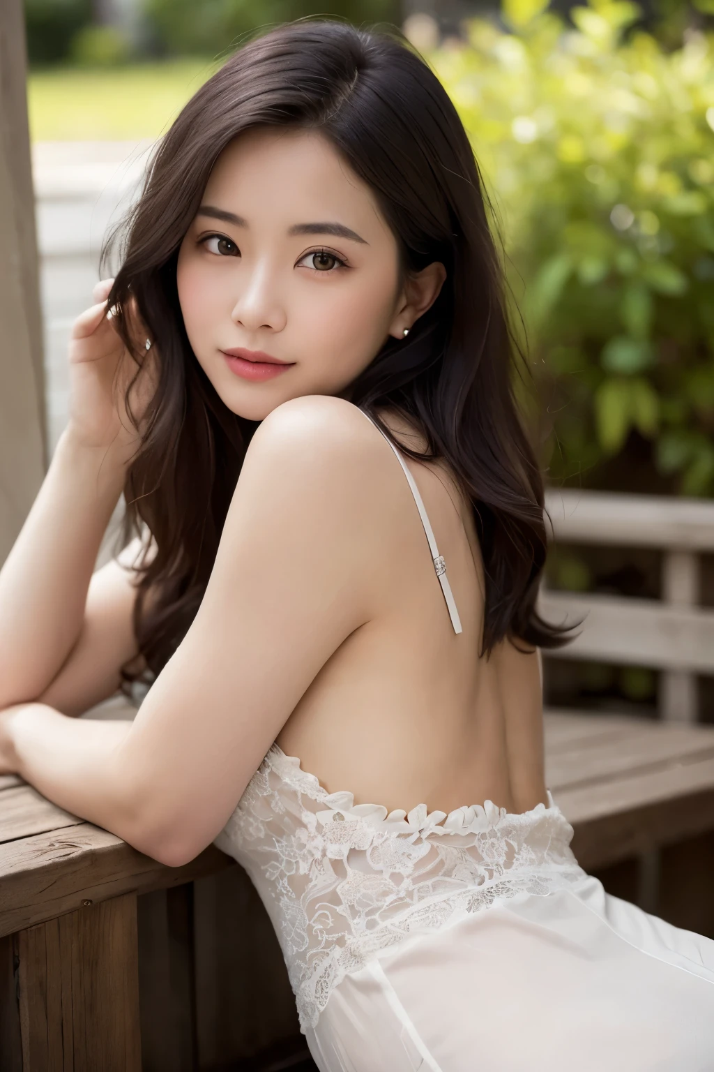 One girl, Mature Woman, photograph, Realistic, Highest quality, Detailed face, Detailed Background, Diffused sunlight, Depth of written boundary, Bokeh, China dress, sexy, Tribal pattern, Lying down , See-through, back