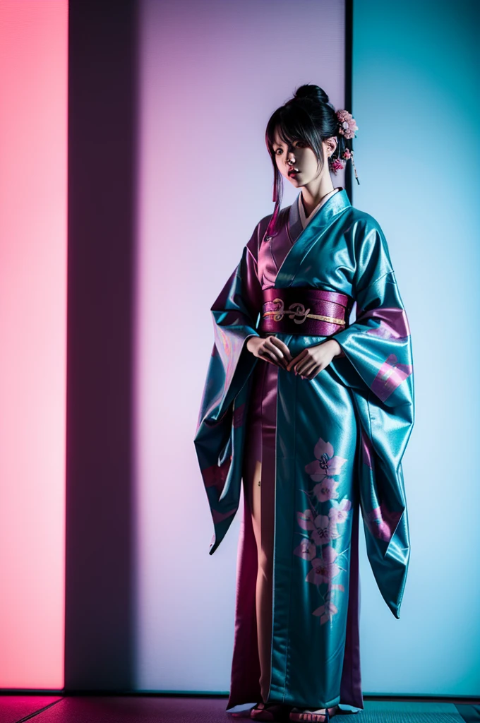 Japanese cyberpunk high fashion of Oiran kimono cool girl, kimono punk, cyberpunk, pink and blue neon color, upper standing, (Dynamic light and shadow, High resolution, Sharp focus, Depth of written boundary), against bright pink background