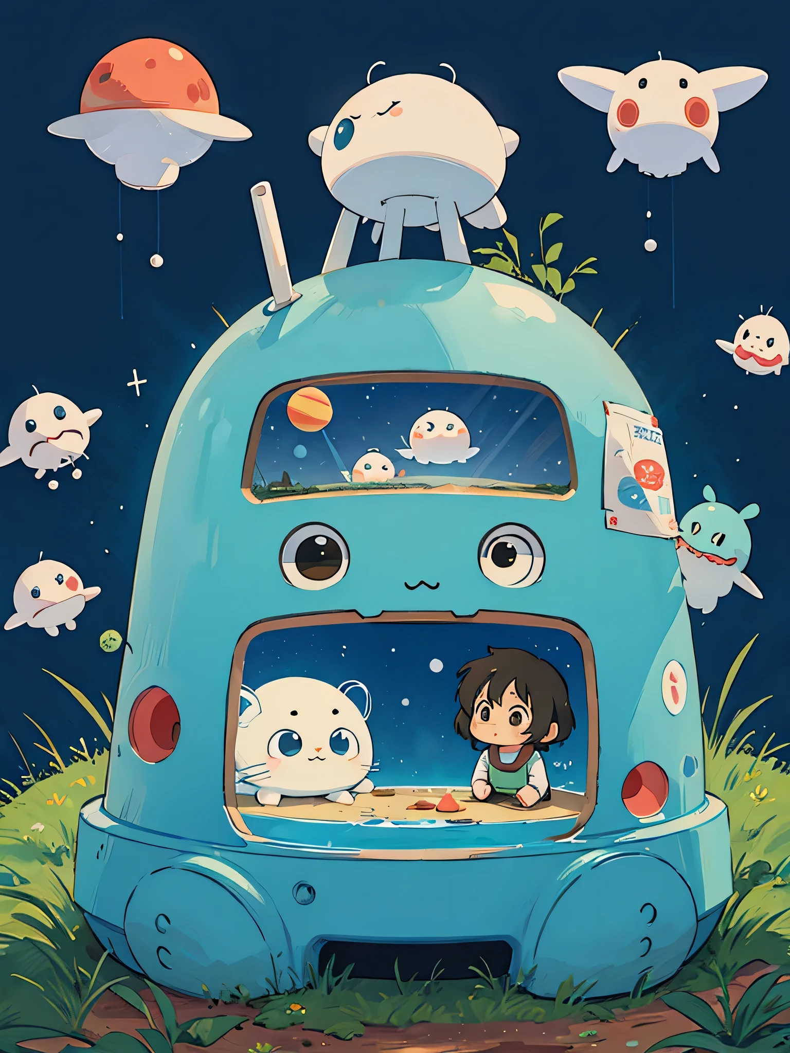 hayao miyazaki style, Kawaii Design, (((No people))), (((Cute Aliens))) , Mars exploration