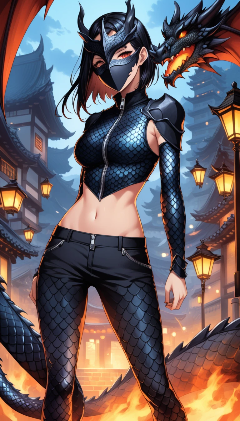 ((adult)), (Dragongirl:1.2), (female, dragon scales, black scales), with Center parted shoulder length hairstyle, (wearing half mask, covers the eyes), Top with a zipper, shows stomach, trousers, thigh visible, show legs, scene background