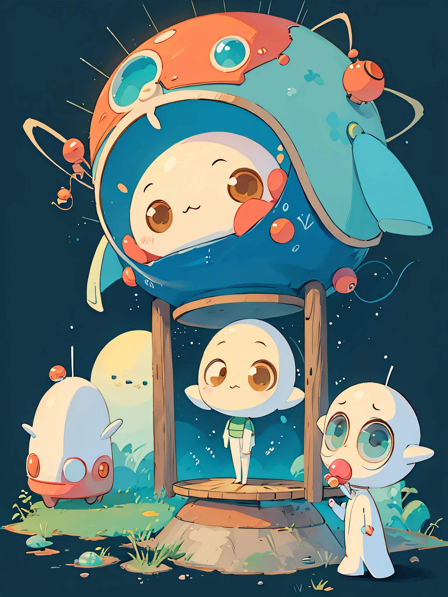 hayao miyazaki style, Kawaii Design, (((No people))), (((Cute Aliens))) , Mars exploration