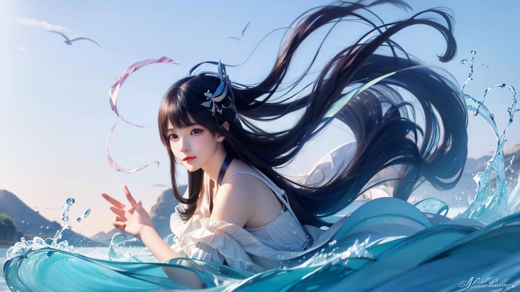 Kawaii girl, Watercolor Materials, Dynamic Synthesis, The most meticulous girl, Beautiful and delicate girl, , Flowing long hair, #5: partedbangs, Fine dark brown hair, Fluffy hair, Absurdly long hair, Pretty Face, Perfect hands, Crimson eyes, White skin, Ruffle dress, Extremely refined, Beautiful and detailed black, Wallpaper 8k CG, Extremely detailed, best quality,