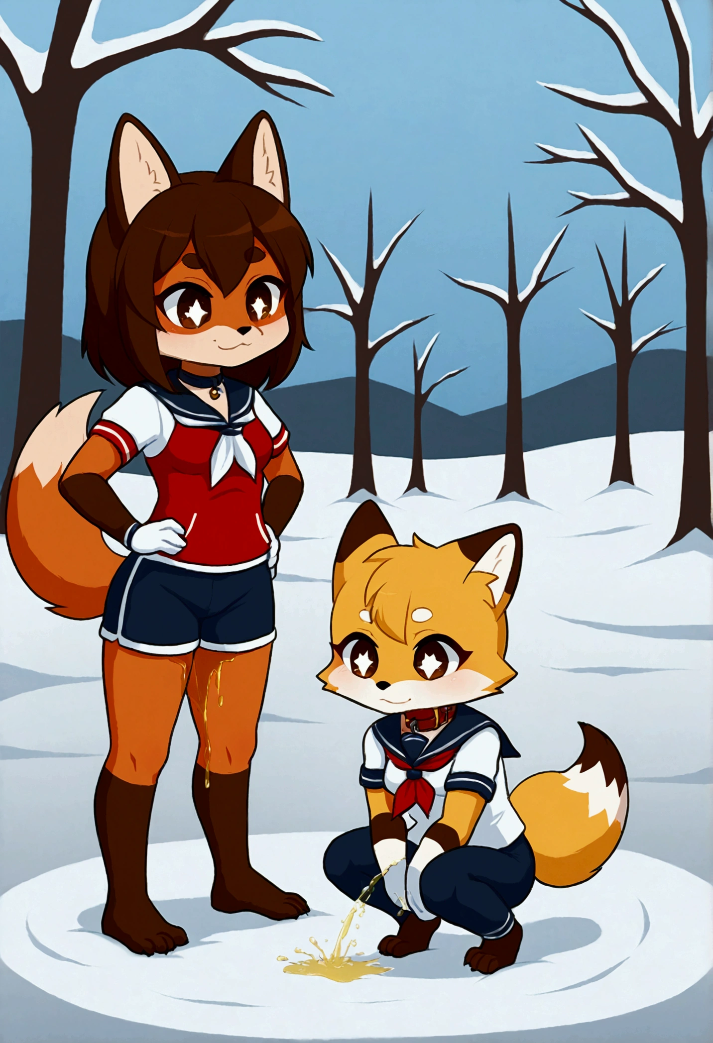 2girls, fox and tanuki, furry, bodyfur, tail, collar, sailor suit, short sleeves, jersey pants, long pants, white gloves, barefeet, chibi, sparkling eyes, full body, snow, squatting, peeing