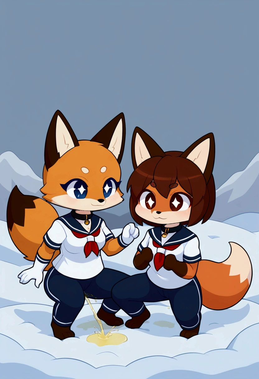 2girls, fox and tanuki, furry, bodyfur, tail, collar, sailor suit, short sleeves, jersey pants, long pants, white gloves, barefeet, chibi, sparkling eyes, full body, snow, squatting, peeing