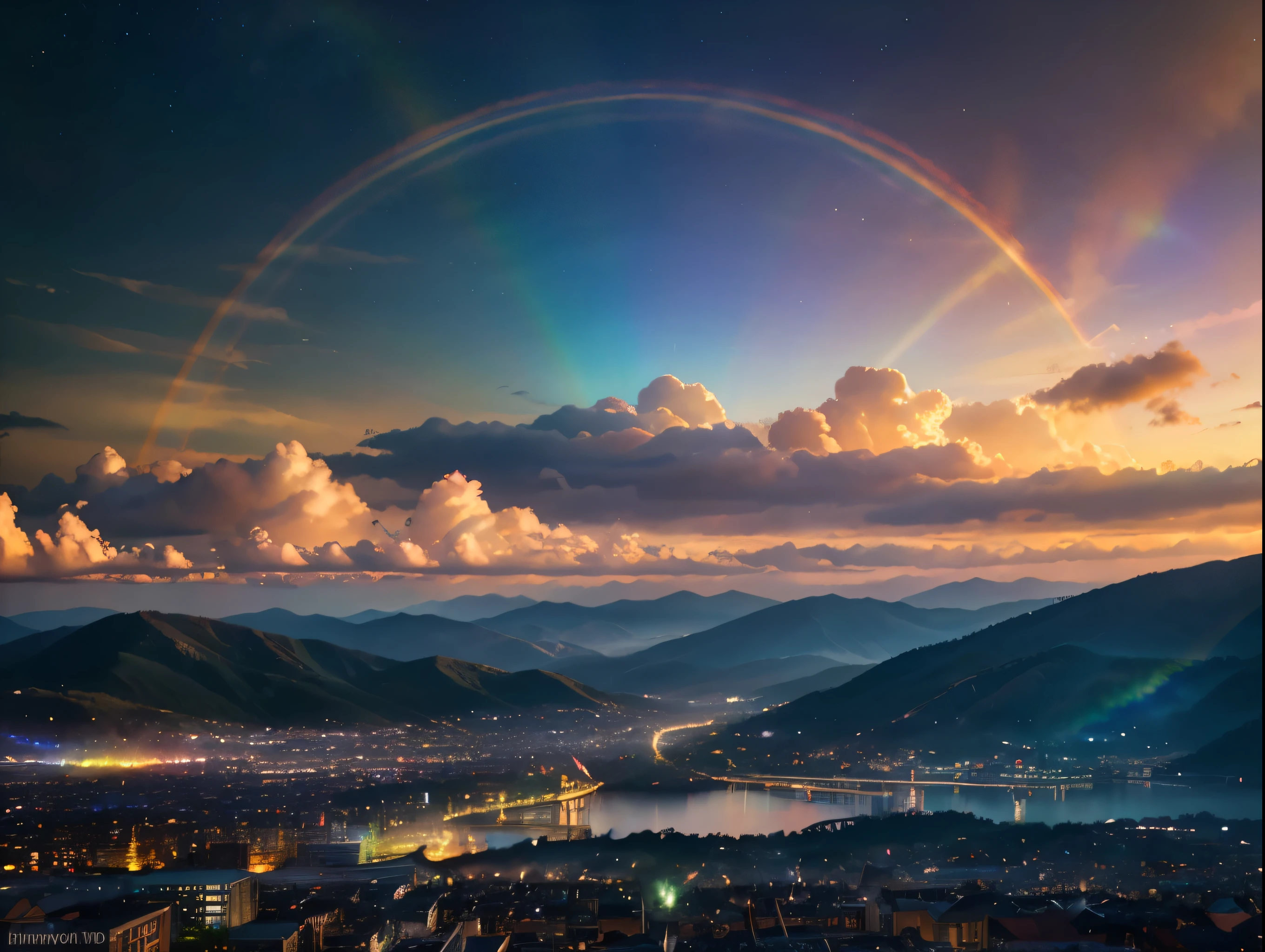 A vibrant rainbow, colorful and luminous, arching gracefully across the sky, HDR, 8K, cinematic lighting, fantasy, whimsical, magical, ethereal, soft pastel colors, dreamlike, highly detailed, intricate, glowing, photorealistic