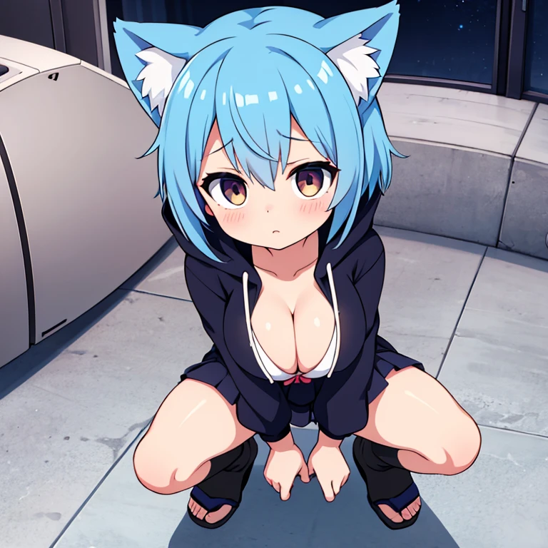 anime girl with blue hair, anime moe artstyle, rogue anime girl ayanami rei, 2 d anime style, anime style, Kantai Collection Style, the anime girl is crouching, beautiful anime girl squatting, too Massive peeing, wet pussy wet her pants, incontinence, Wearing a hoodie jacket with a hood made of animal ears and eyes, Well good, no panty, black pantyhose with thighs visible, Panty shot, 1 girl, blue hair in short bob cut hair, dark brown eyes, lively, cheerful innocent, too large big emphasized breasts that show a lot of skin, boyish, cute, sporty, breasts that seem to stick out, open-chested showing off cleavage sexy clothes, risqué clothing, too short miniskirt, high beams, cumshot, facial massive huge sperm,