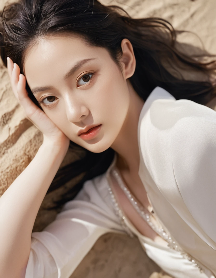 Quite a bit body, photo of a gorgeous young asian woman in a Glamorous outfit, beautiful slim face Japanese girl, still from the film, ((solo)), (Marion Cotillard look alike face: 0.8), best background, detailed background, anime screencap, Airi, 1girl, long hair, white kimono, close eyes, sleeping, laying down, breasts visible, solo, naughty face, from above, outdoors, beach, sand, Leica SL3, Summicron-SL 75 f/2 ASPH, kodak gold 200 film, dynamic action pose,