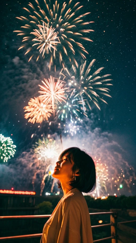 40-year-old Japanese woman with black bob hair, fireworks in the distance, summer vacation, real night sky, star mine from directly below