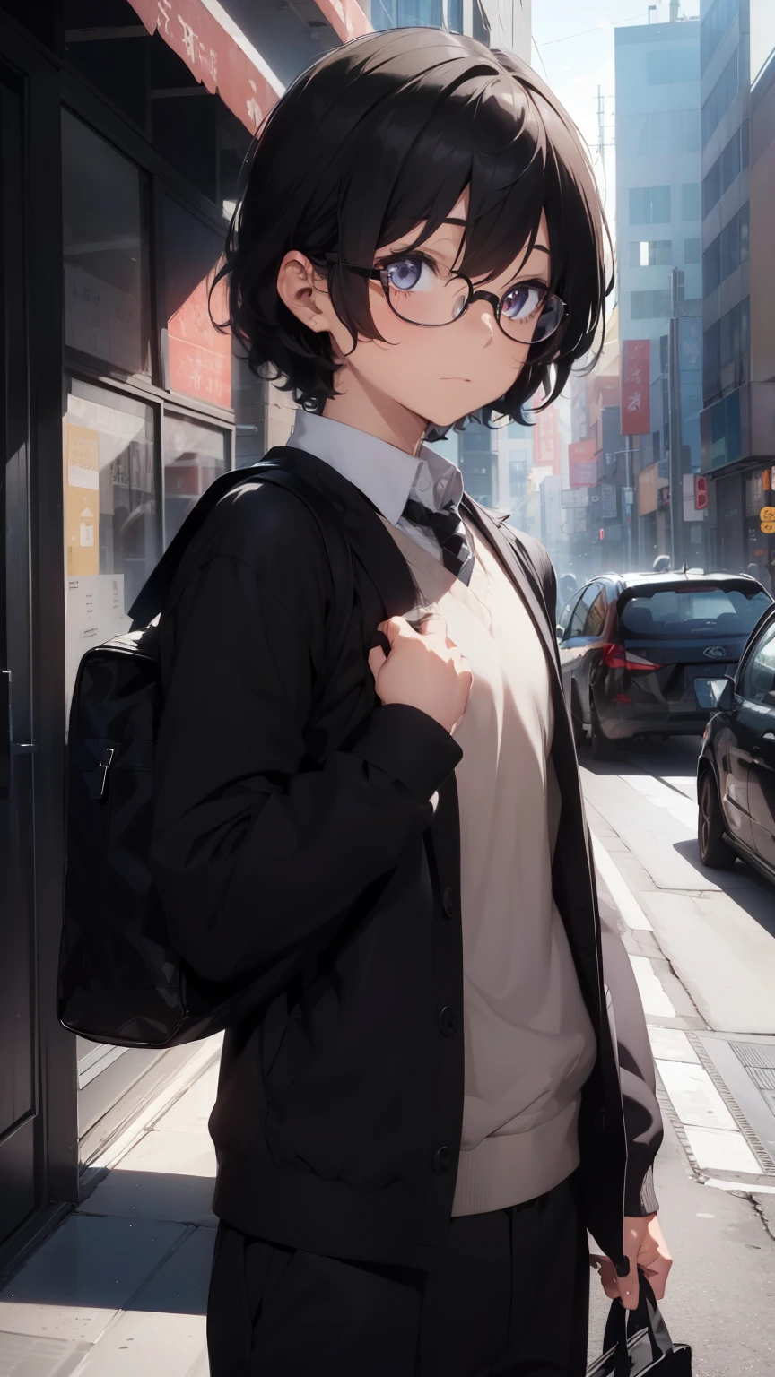 (1 boy), (school boy), Symmetrical Eyes, male, tie, holding a book, small book in hand, (holding small book), Thick black frame glasses, shy, black messy hair, bluish-grey eye color, wearing glasses, 4k, detailed, anime 4k, (Curly hair), from side, character focus, ((black light)),((dark lighting)), cinematic lighting ,(darkness), (concept art), high resolution,(incredibly absurdres) ,extremely detailed CG unity 8k wallpaper, ((masterpiece)), ((top-quality)), (beautiful illustration), ((an extremely delicate and beautiful)), (masterpiece, Best quality, ultra high resolution), Black hair, pale skin, ultra detailed eyes, Beautiful and detailed face, detailed eyes, (Centered, torso), (wide shot:0.9), facing the viewer, Eye level, ((male)), shy, blushing, masculine face, narrow eyes, flat chest, masculine build
