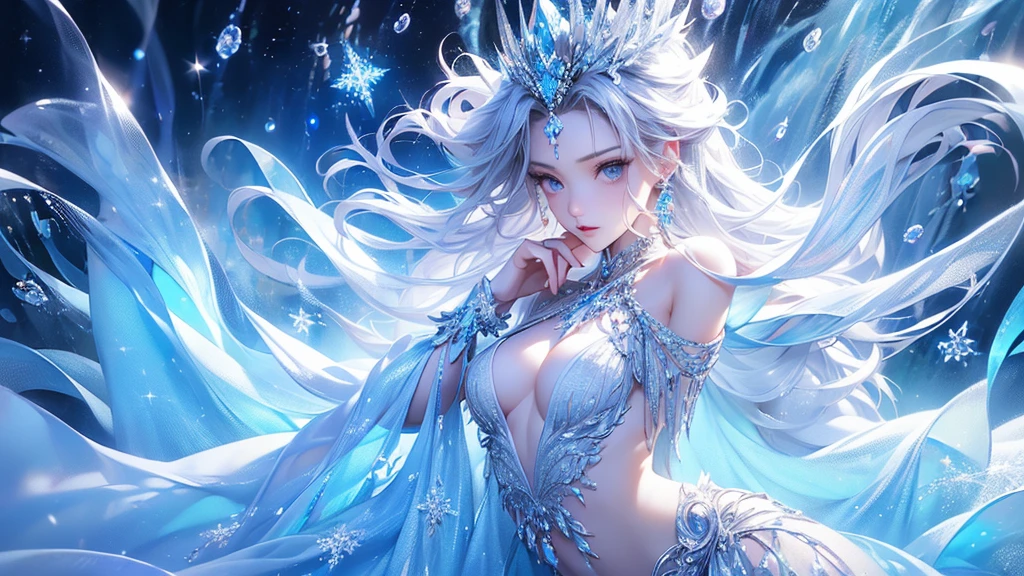 (1/2 body photo:1.5)wood, Exquisite mini ice spikes and crystals, Frozen waterfall in the background, Light reflected by ice crystals, Flowing snowflakes.1 girl、pretty girl,A realistic person,Beautiful cleavage,((small breasts)),Thin legs、tight hips、standing
