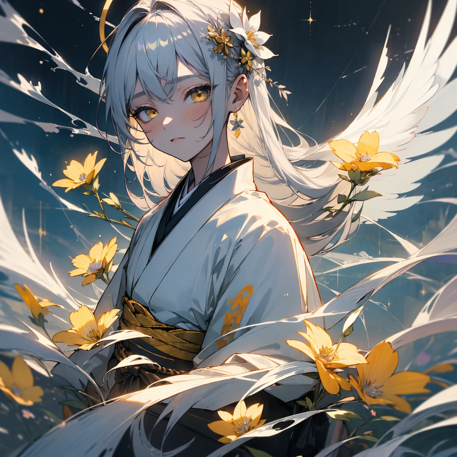 (((masterpiece))), (((Highest quality))), Highly detailed 8k wallpaper, night,Beautifully detailed skies, Beautiful and delicate water, alone, Angelic, 長いGray Hair, Gray Hair, White eyelashes, Beautiful Eyes, Yellow Eyes、Halo, Flower Hair Ornaments, White wing stripe、Japanese clothing、White kimono