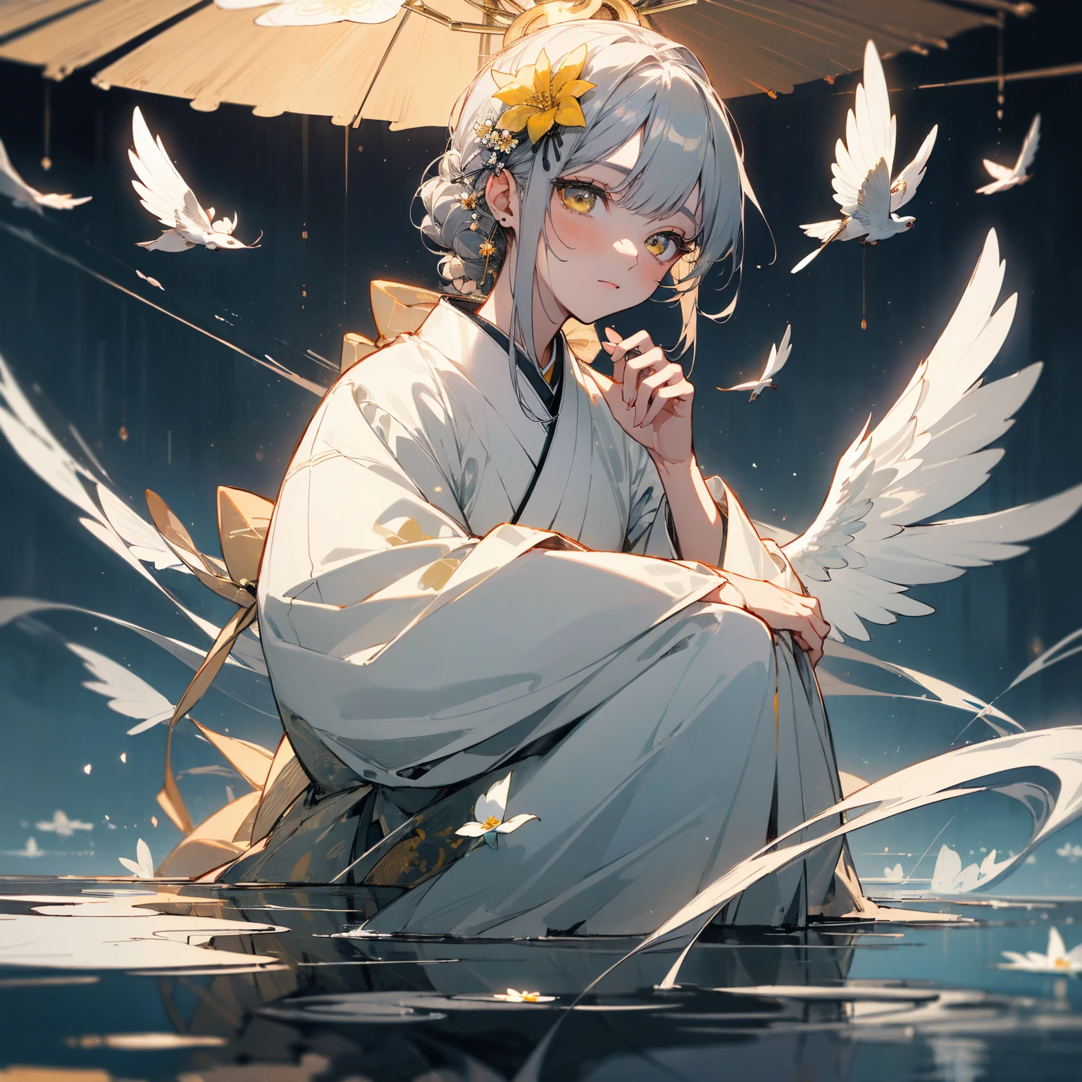 (((masterpiece))), (((Highest quality))), Highly detailed 8k wallpaper,  night,Beautifully detailed skies, Beautiful and delicate water, alone,  Angelic, 長いGray Hair, Gray Hair, White eyelashes, Beautiful Eyes, Yellow Eyes、Halo,  Flower Hair Ornaments, White wing stripe、Japanese clothing、White kimono