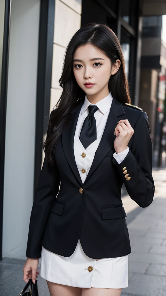 a portrait photo, beautiful face, All white outfit, military uniform, military rank insignia, business woman, beautiful woman, Wear a suit and tie, short skirt suit, business suitwhite, กระโปรงดินสอสั้นwhite, business suitรัดรูป, All white outfit, Emphasize the curves of the body, (Beautiful girl with two meter long hair, my hair is very long., extra long hair, black hair), business suit, (Italian style suit, two button suit), (Italian suit, white สูท, Set of two buttons), (wearing a women&#39;s suit, Business Women Suit, white), (สูทผู้หญิงwhite), (เสื้อเชิ้ตwhite), necktie, (necktieสั้นสีดำ, necktieสีดำ, necktieผอม, ถักnecktie), (military rank insignia), (Short pencil skirtwhite), (Dynamic posts), full body, (A gigantic rift), (big breasts, thin body, small waist, hips raised, small thighs, Long legs), high-heelsสีดำ, (Short pencil skirt, white), Wearing a suit for a business woman, (Wearing a white businesสูท, business suitหญิงwhite), (tight, military regalia, เสื้อwhite, กระโปรงwhite), Long legs, (black shoes), (Form fitting suit, เสื้อสูทwhiteทรงธรรมดารัดรูป), (black shoes, high-heels), (stand, walk, elegant gesture, Dynamic posts), short dress, earring, Slick legs, black shoes, Modeling,