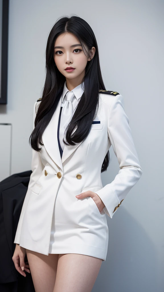 a portrait photo, beautiful face, All white outfit, military uniform, military rank insignia, business woman, beautiful woman, Wear a suit and tie, short skirt suit, business suitwhite, กระโปรงดินสอสั้นwhite, business suitรัดรูป, All white outfit, Emphasize the curves of the body, (Beautiful girl with two meter long hair, my hair is very long., extra long hair, black hair), business suit, (Italian style suit, two button suit), (Italian suit, white สูท, Set of two buttons), (wearing a women&#39;s suit, Business Women Suit, white), (สูทผู้หญิงwhite), (เสื้อเชิ้ตwhite), necktie, (necktieสั้นสีดำ, necktieสีดำ, necktieผอม, ถักnecktie), (military rank insignia), (Short pencil skirtwhite), (Dynamic posts), full body, (A gigantic rift), (big breasts, thin body, small waist, hips raised, small thighs, Long legs), high-heelsสีดำ, (Short pencil skirt, white), Wearing a suit for a business woman, (Wearing a white businesสูท, business suitหญิงwhite), (tight, military regalia, เสื้อwhite, กระโปรงwhite), Long legs, (black shoes), (Form fitting suit, เสื้อสูทwhiteทรงธรรมดารัดรูป), (black shoes, high-heels), (stand, walk, elegant gesture, Dynamic posts), short dress, earring, Slick legs, black shoes, Modeling,