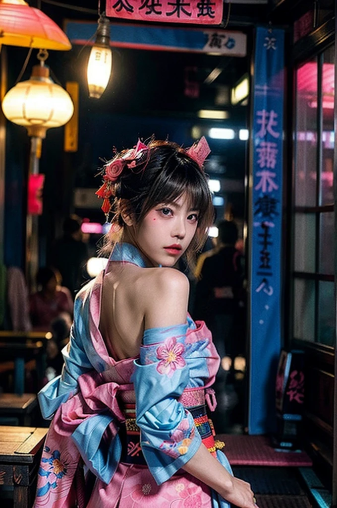 Japanese cyberpunk high fashion of Oiran kimono cool girl, kimono punk, cyberpunk, pink and blue neon color, upper body standing, (Dynamic light and shadow, High resolution, Sharp focus, Depth of written boundary), against bright pink background, nsfw