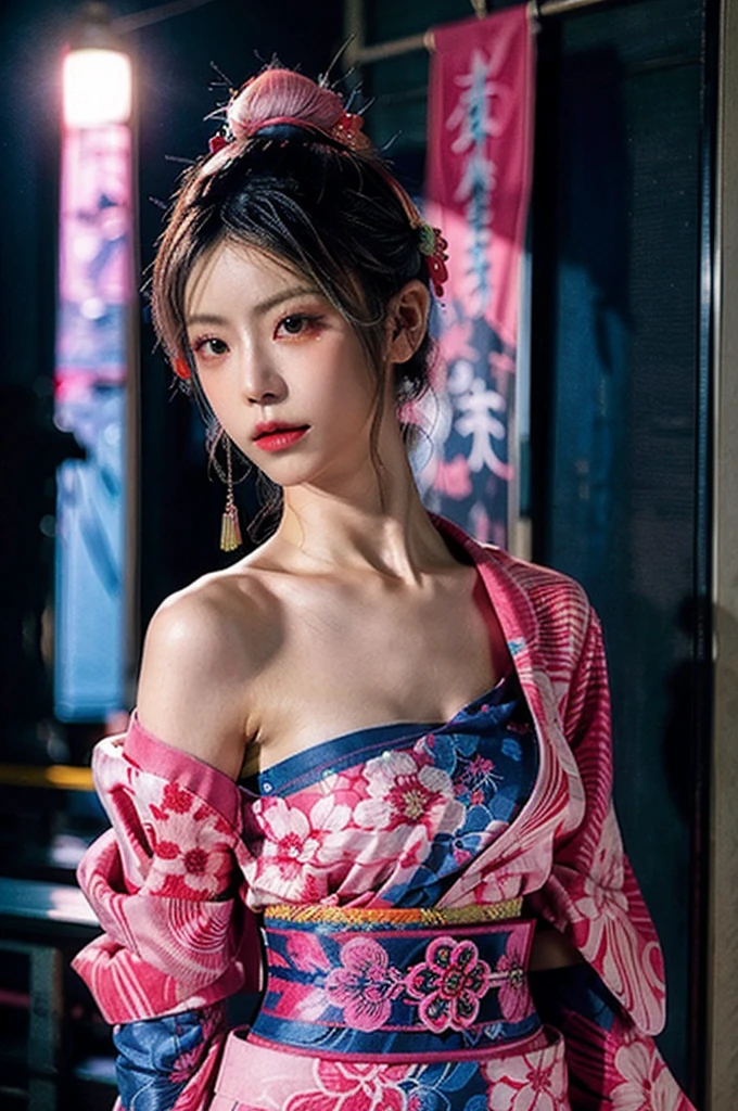 Japanese cyberpunk high fashion of Oiran kimono cool girl, kimono punk, cyberpunk, pink and blue neon color, upper body standing, (Dynamic light and shadow, High resolution, Sharp focus, Depth of written boundary), against bright pink background, nsfw
